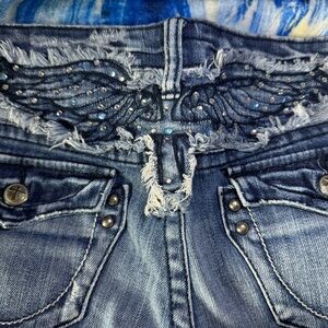 COPY - HEAVEN & TERRA Embellished rhinestones Denim distressed Jeans stitching …